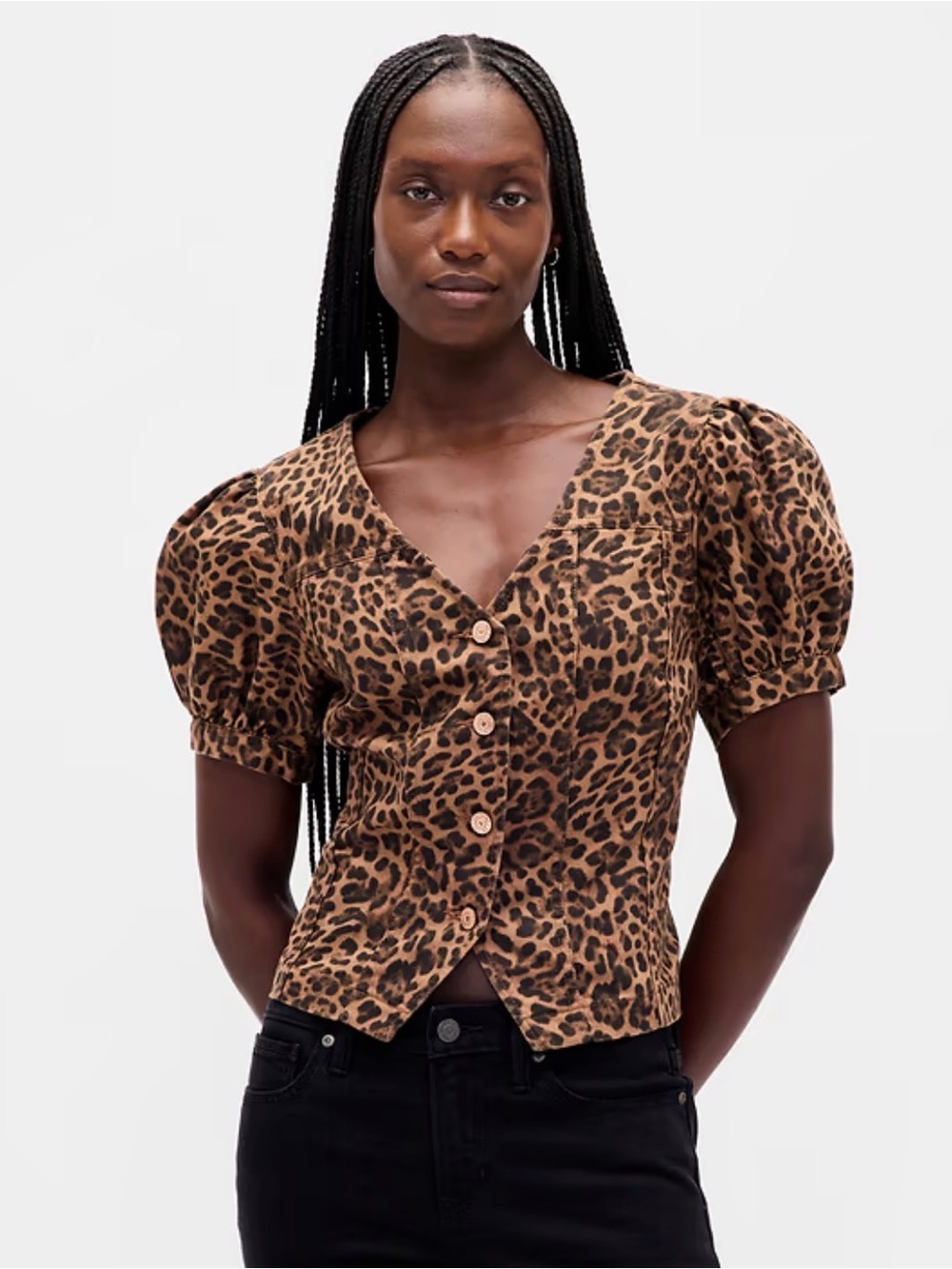 GAP Leopard Print Puff-Sleeve Button Front Top - Brown/Black Large Long
